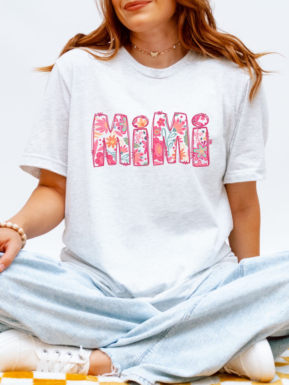 Mimi Boho Pink Floral Graphic T‑Shirt Flower Pattern Grandmother Tee