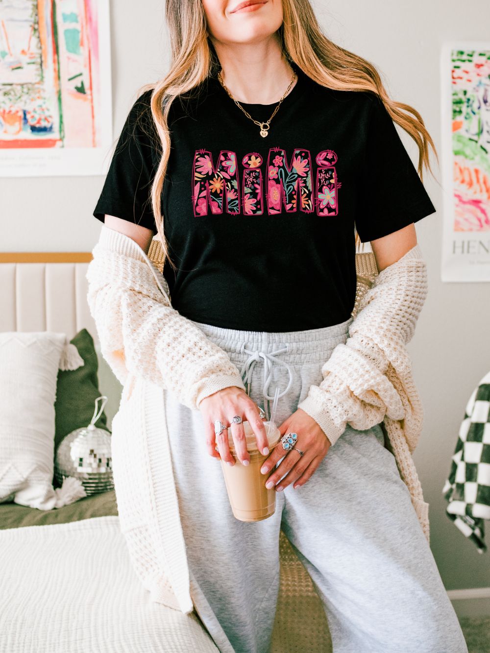 Mimi Boho Pink Floral Graphic T‑Shirt Flower Pattern Grandmother Tee