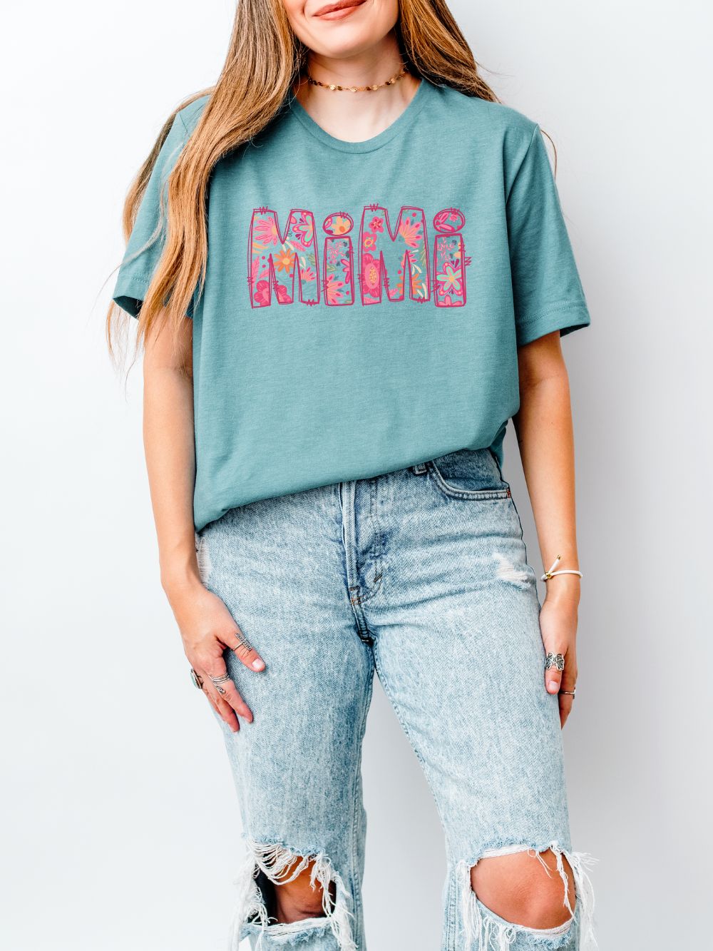 Mimi Boho Pink Floral Graphic T‑Shirt Flower Pattern Grandmother Tee
