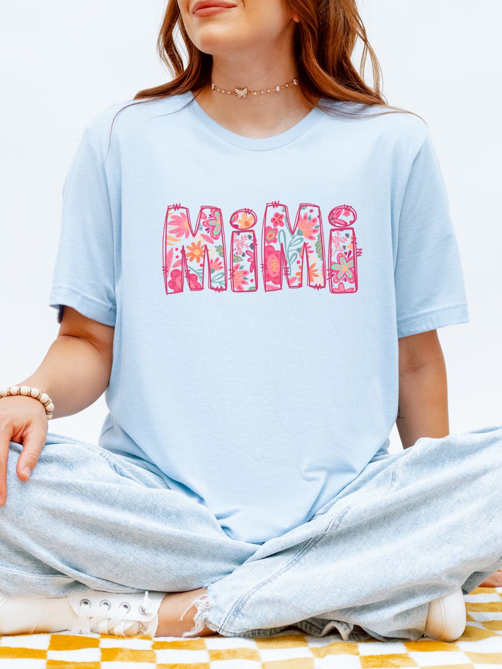Mimi Boho Pink Floral Graphic T‑Shirt Flower Pattern Grandmother Tee