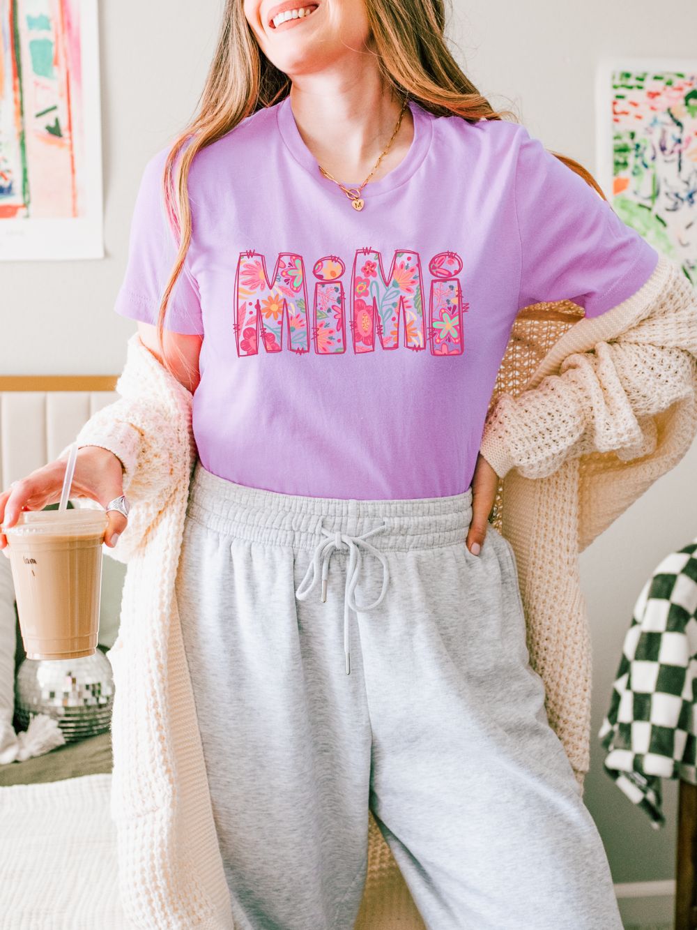 Mimi Boho Pink Floral Graphic T‑Shirt Flower Pattern Grandmother Tee