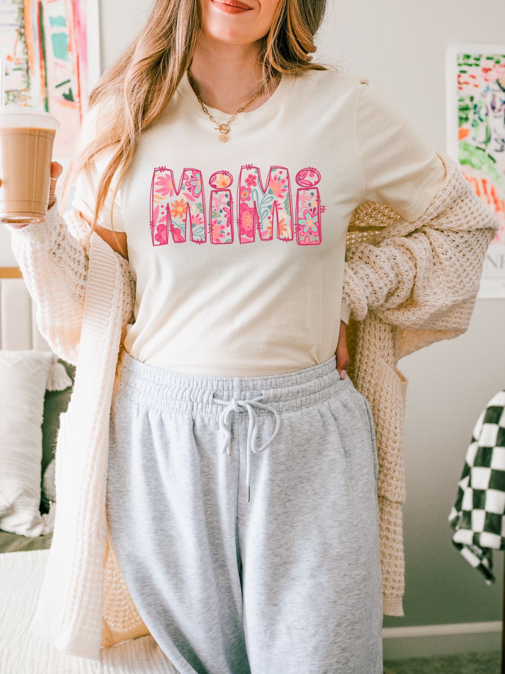 Mimi Boho Pink Floral Graphic T‑Shirt Flower Pattern Grandmother Tee