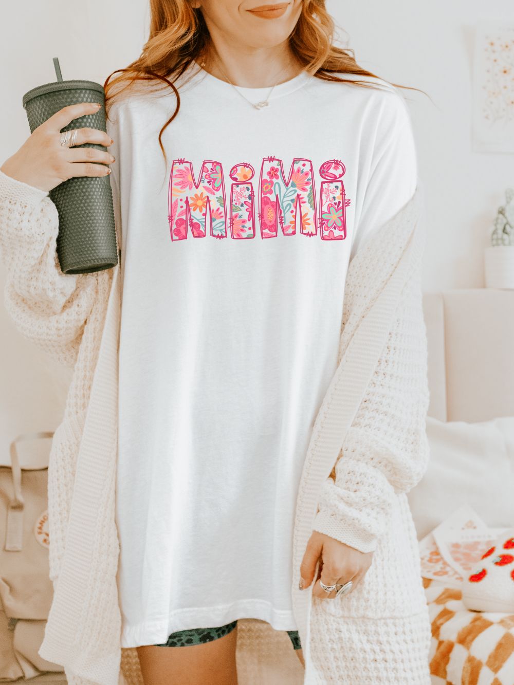 Mimi Boho Pink Floral Graphic T‑Shirt Flower Pattern Grandmother Tee