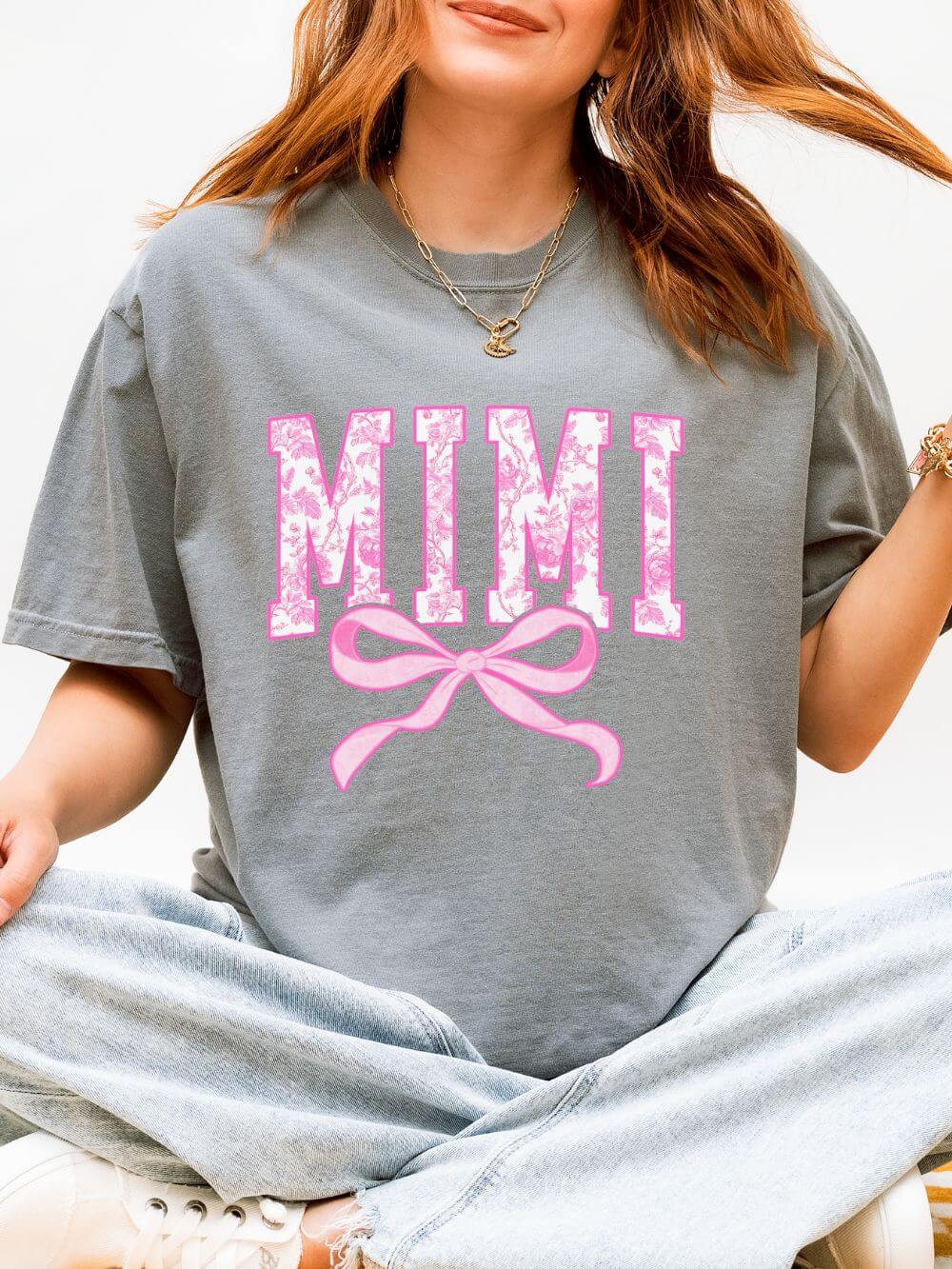 Mimi Coquette Pink Toile Bow T-Shirt Cute Grandmother Graphic Tee