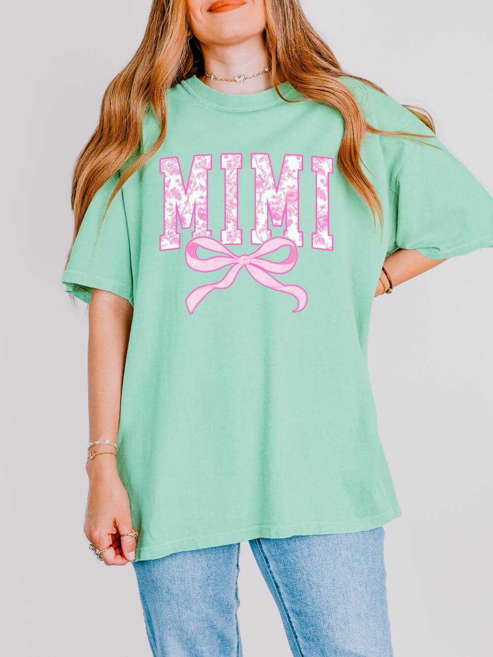 Mimi Coquette Pink Toile Bow T-Shirt Cute Grandmother Graphic Tee