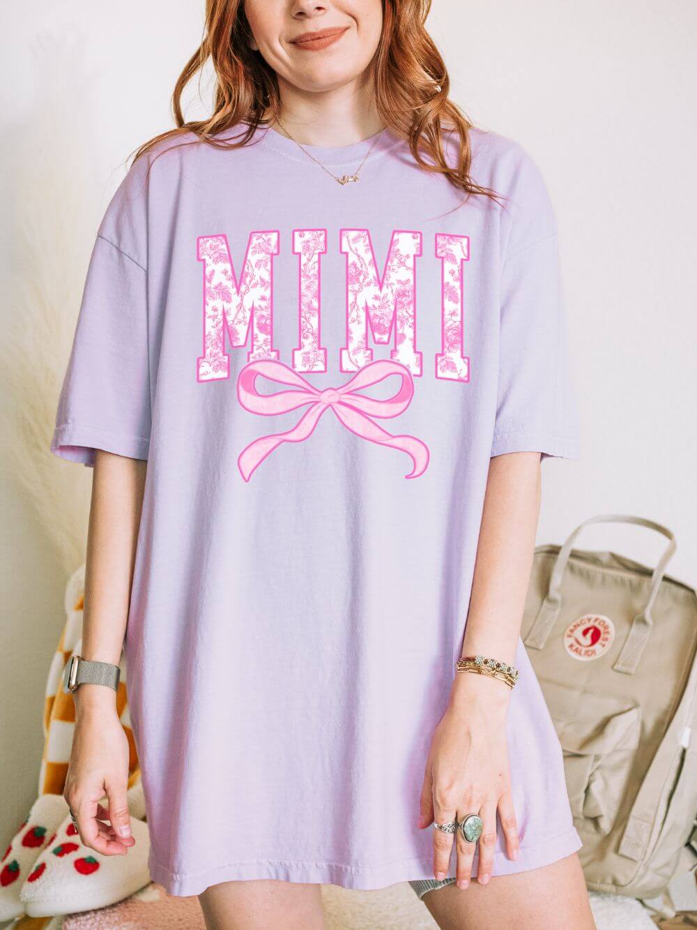 Mimi Coquette Pink Toile Bow T-Shirt Cute Grandmother Graphic Tee