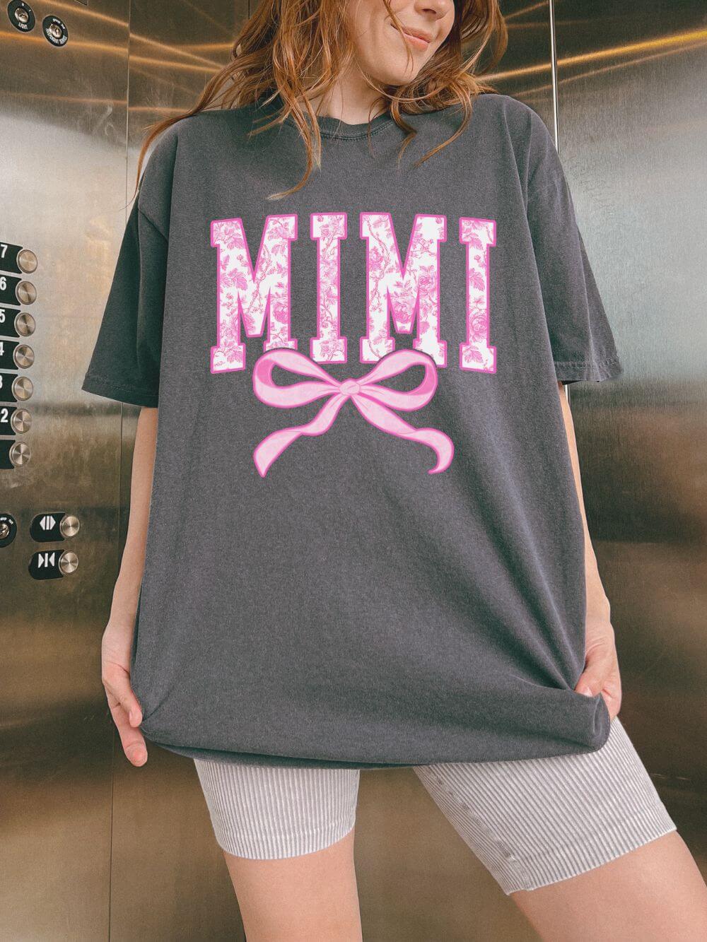 Mimi Coquette Pink Toile Bow T-Shirt Cute Grandmother Graphic Tee