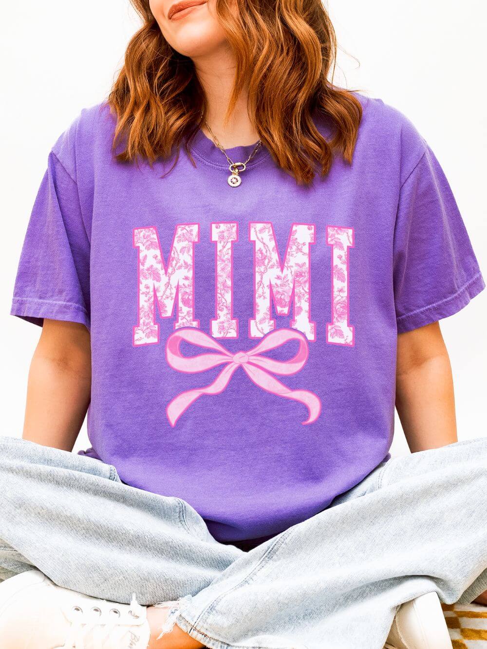 Mimi Coquette Pink Toile Bow T-Shirt Cute Grandmother Graphic Tee