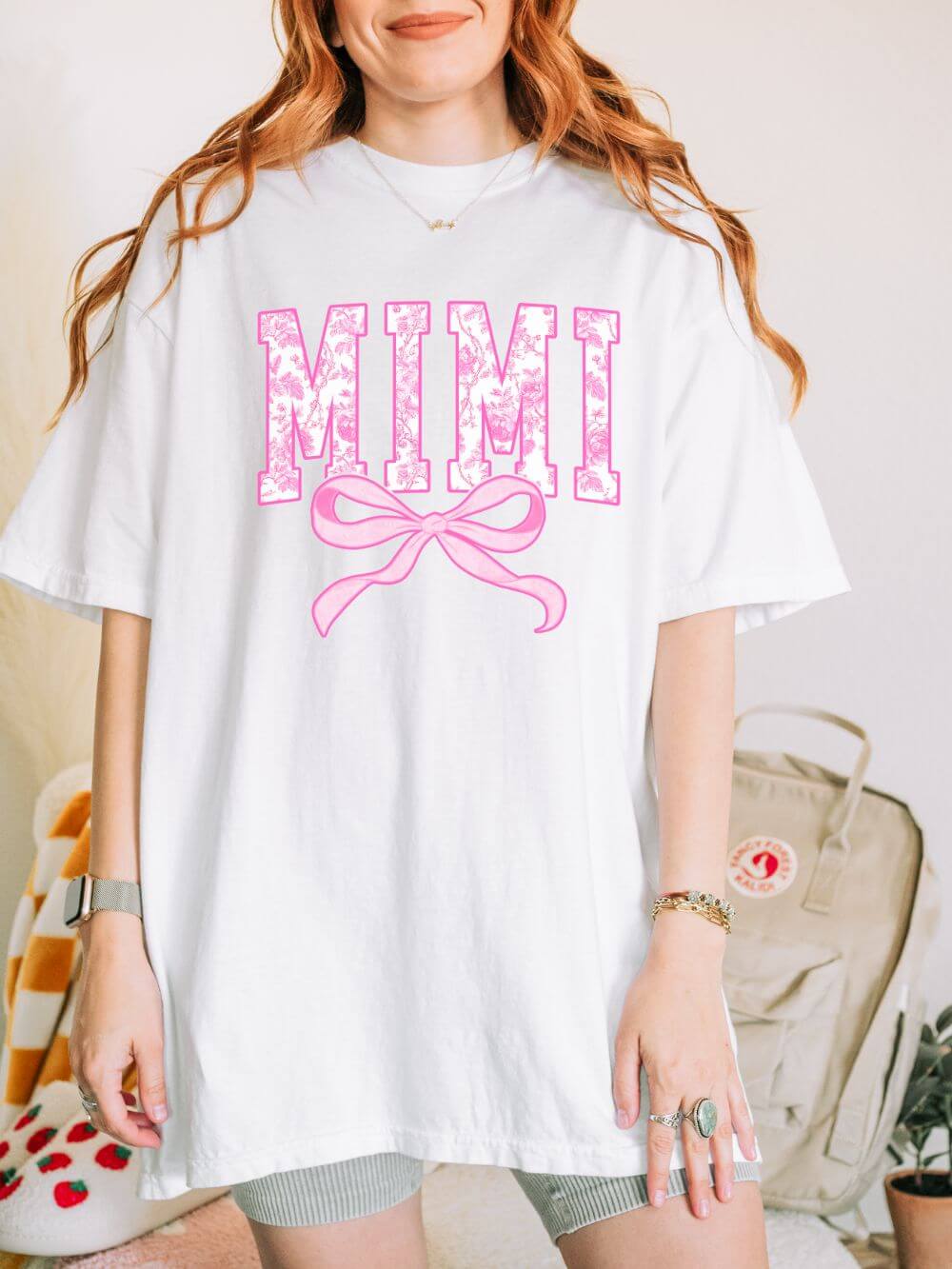 Mimi Coquette Pink Toile Bow T-Shirt Cute Grandmother Graphic Tee