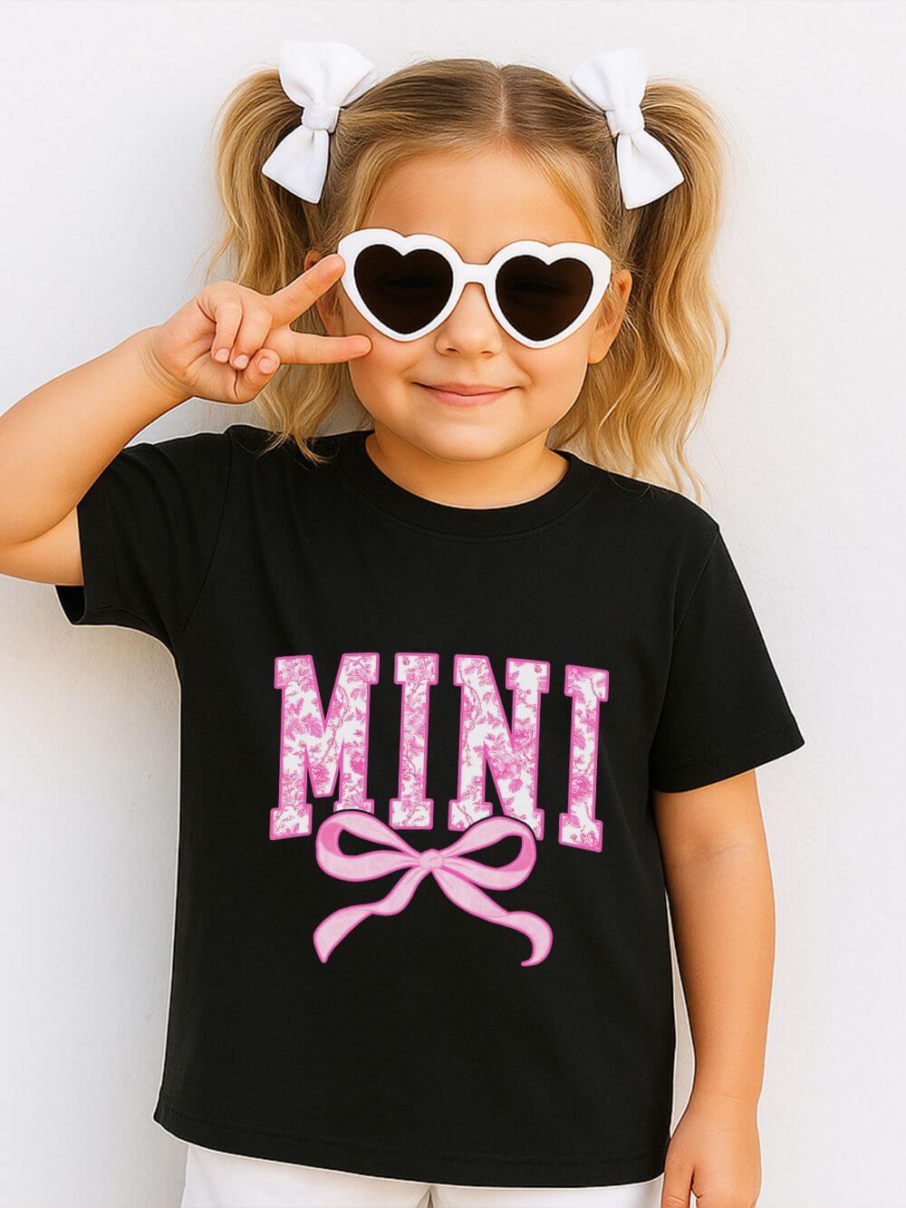 Mini Coquette Pink Toile Bow T-Shirt Cute Girl's Graphic Tee