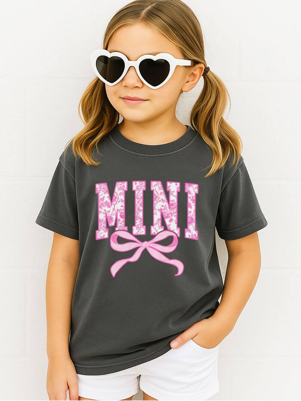 Mini Coquette Pink Toile Bow T-Shirt Cute Girl's Graphic Tee