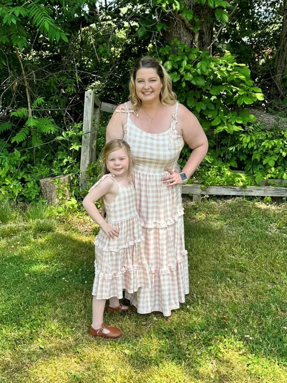 Mommy and Me - White &amp; Taupe Gingham Ruffle Matching Dresses - Sydney So Sweet