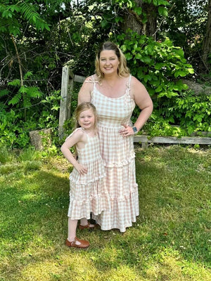 Mommy and Me - White & Taupe Gingham Ruffle Matching Dresses - Sydney So Sweet