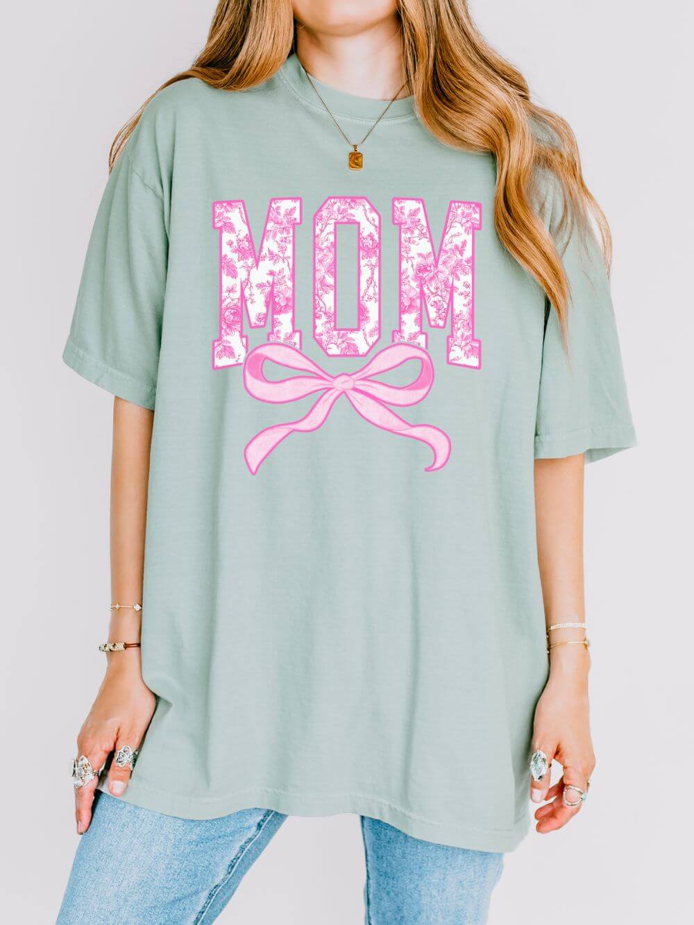 Mom Coquette Pink Toile Bow T-Shirt Cute Mama Graphic Tee