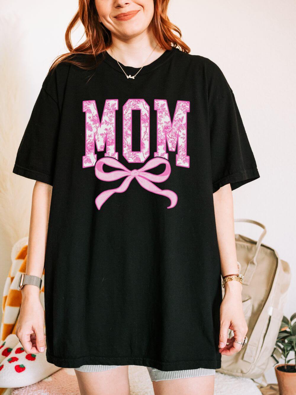 Mom Coquette Pink Toile Bow T-Shirt Cute Mama Graphic Tee