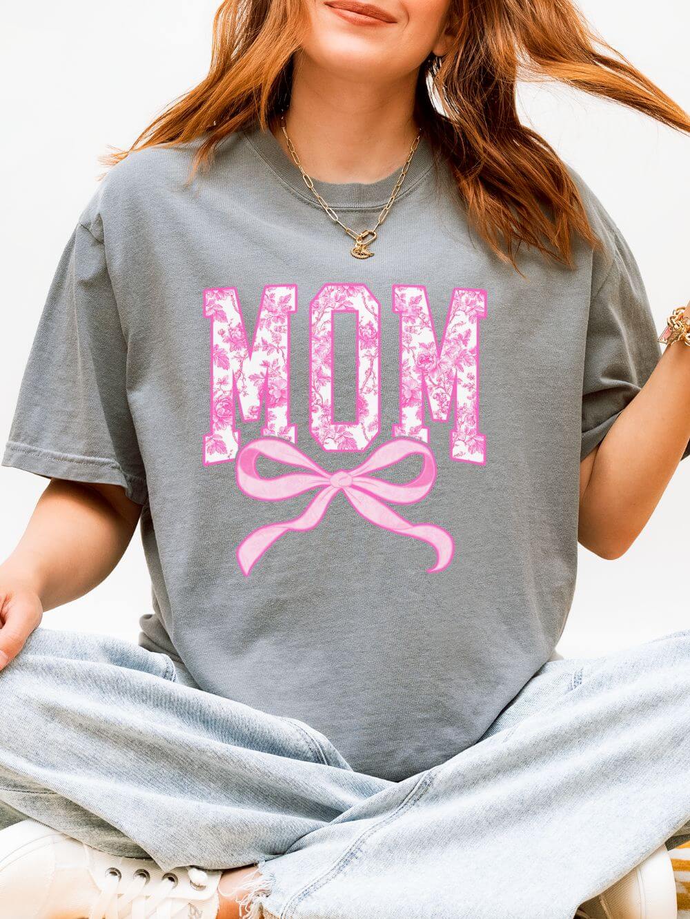 Mom Coquette Pink Toile Bow T-Shirt Cute Mama Graphic Tee