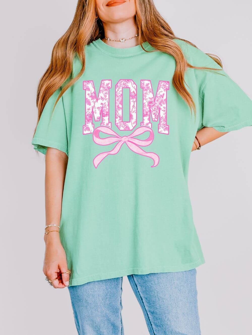 Mom Coquette Pink Toile Bow T-Shirt Cute Mama Graphic Tee