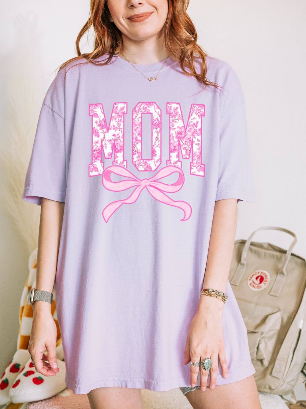 Mom Coquette Pink Toile Bow T-Shirt Cute Mama Graphic Tee