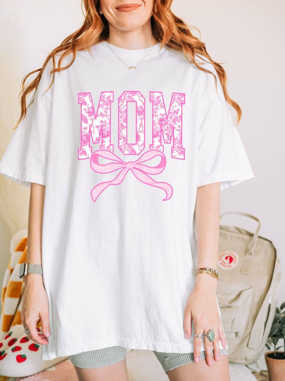 Mom Coquette Pink Toile Bow T-Shirt Cute Mama Graphic Tee