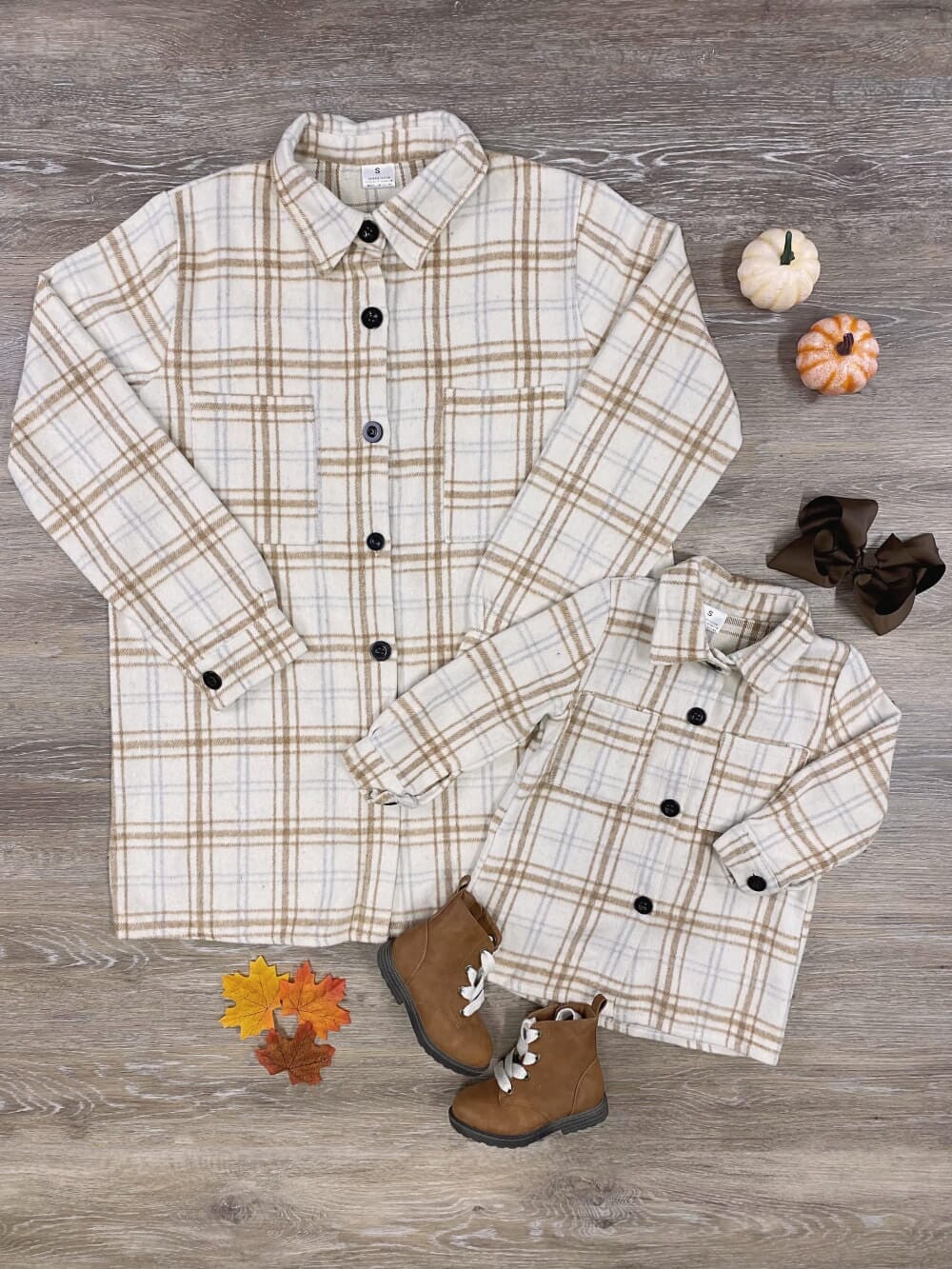 Mom and Me - Cream &amp; Tan Plaid Shacket - Sydney So Sweet