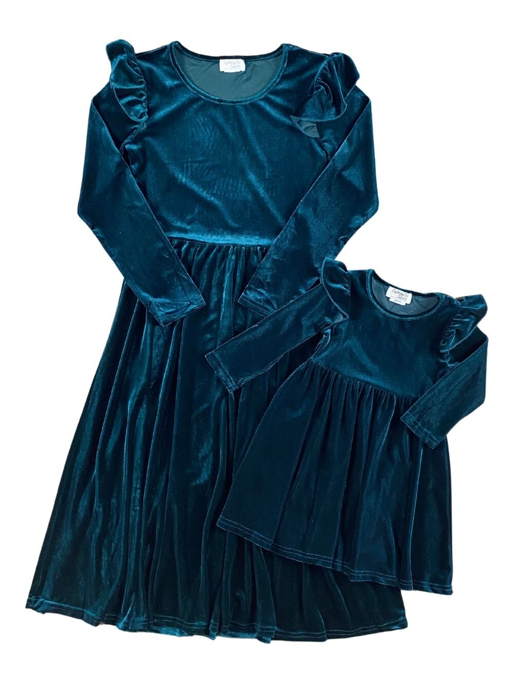 Mom and Me - Dark Green Velvet Ruffle Shoulder Dress - Sydney So Sweet