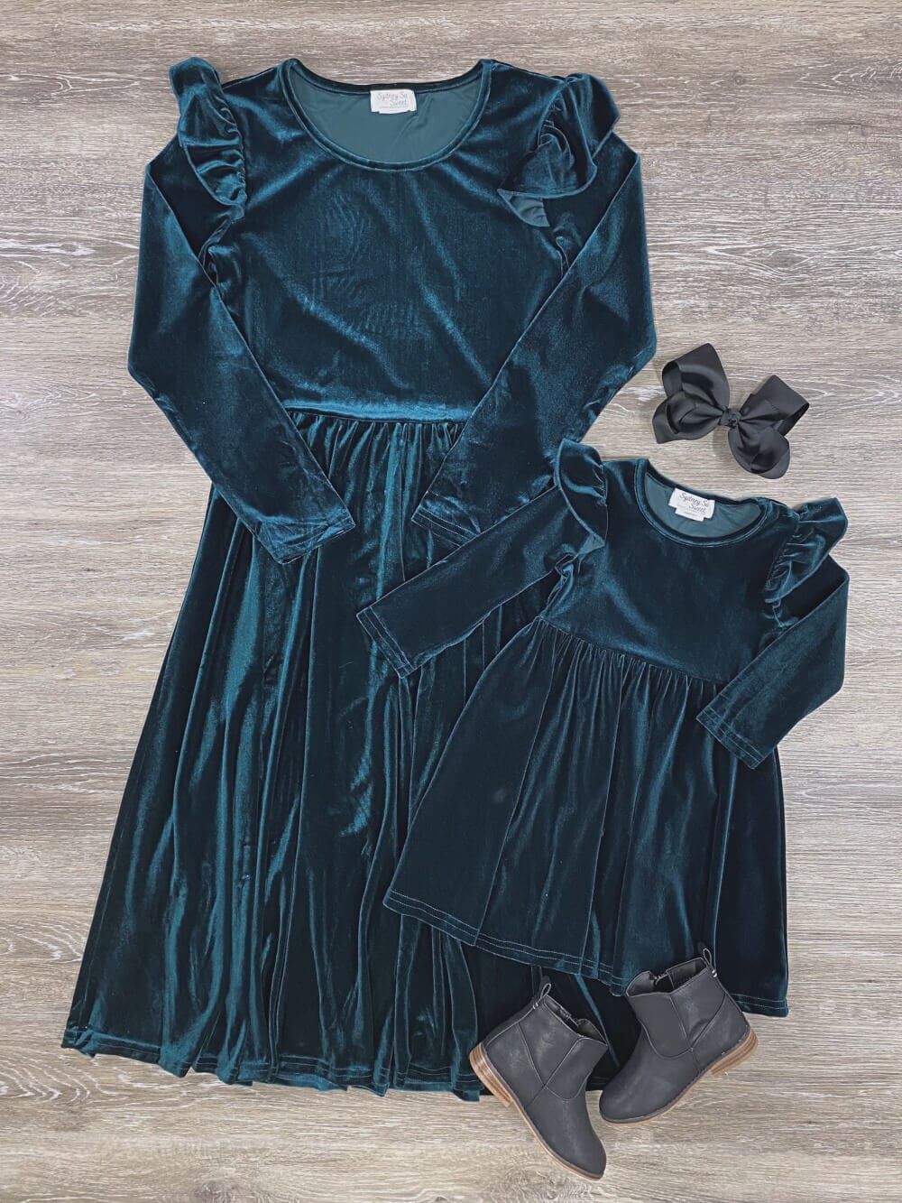 Mom and Me - Dark Green Velvet Ruffle Shoulder Dress - Sydney So Sweet