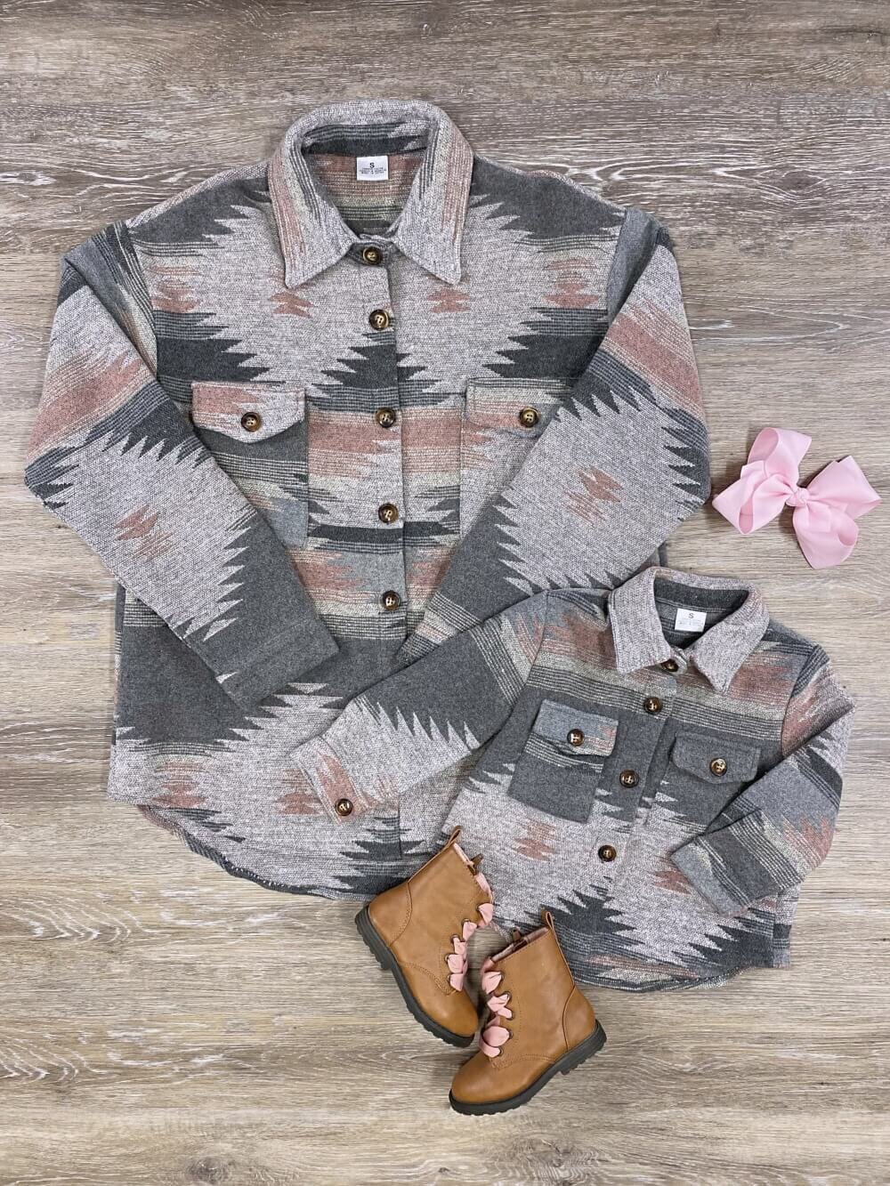 Mom and Me - Gray and Pink Aztec Print Shacket - Sydney So Sweet