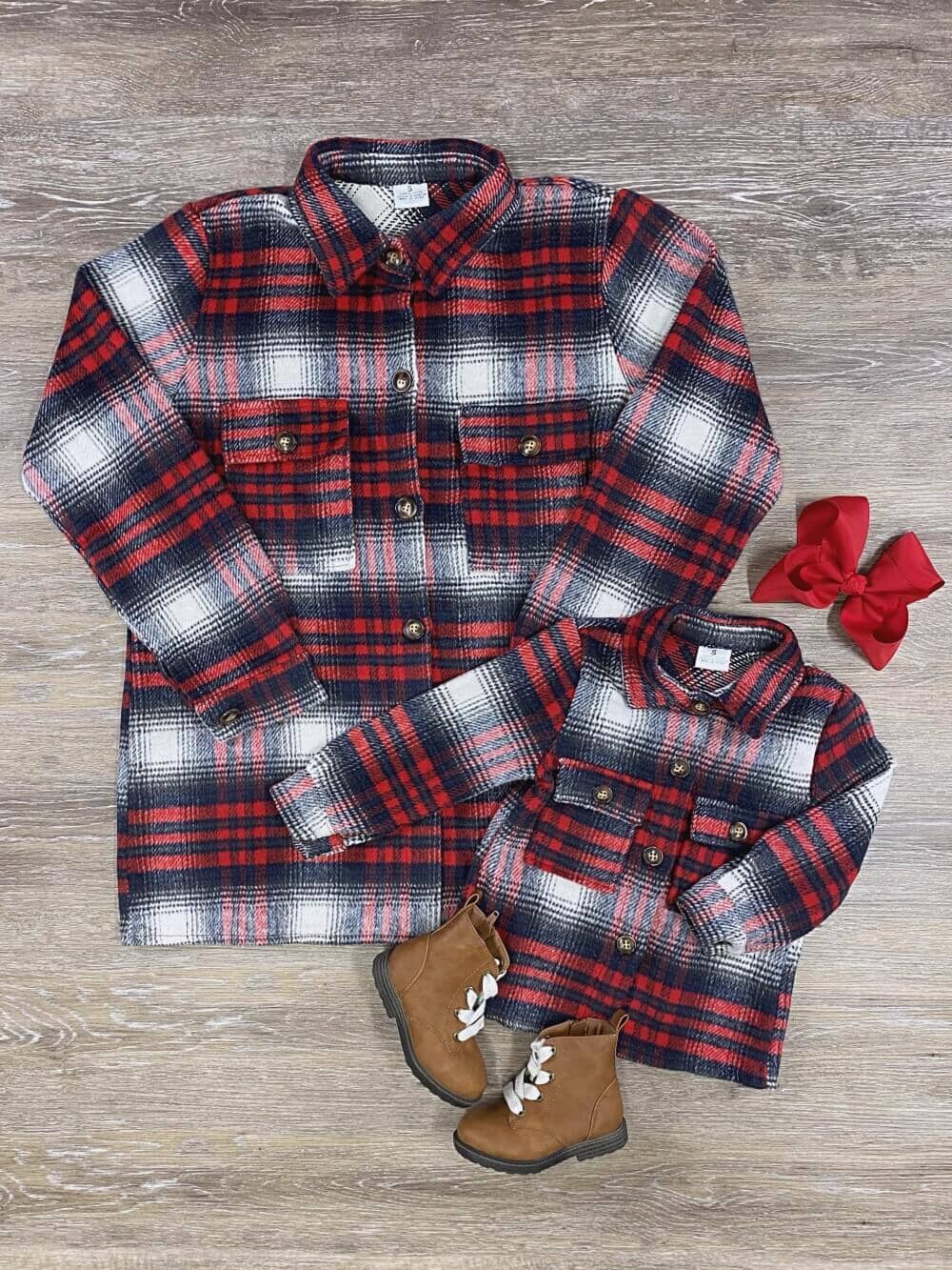 Mom and Me - Red Plaid Flannel Button Up Shacket - Sydney So Sweet