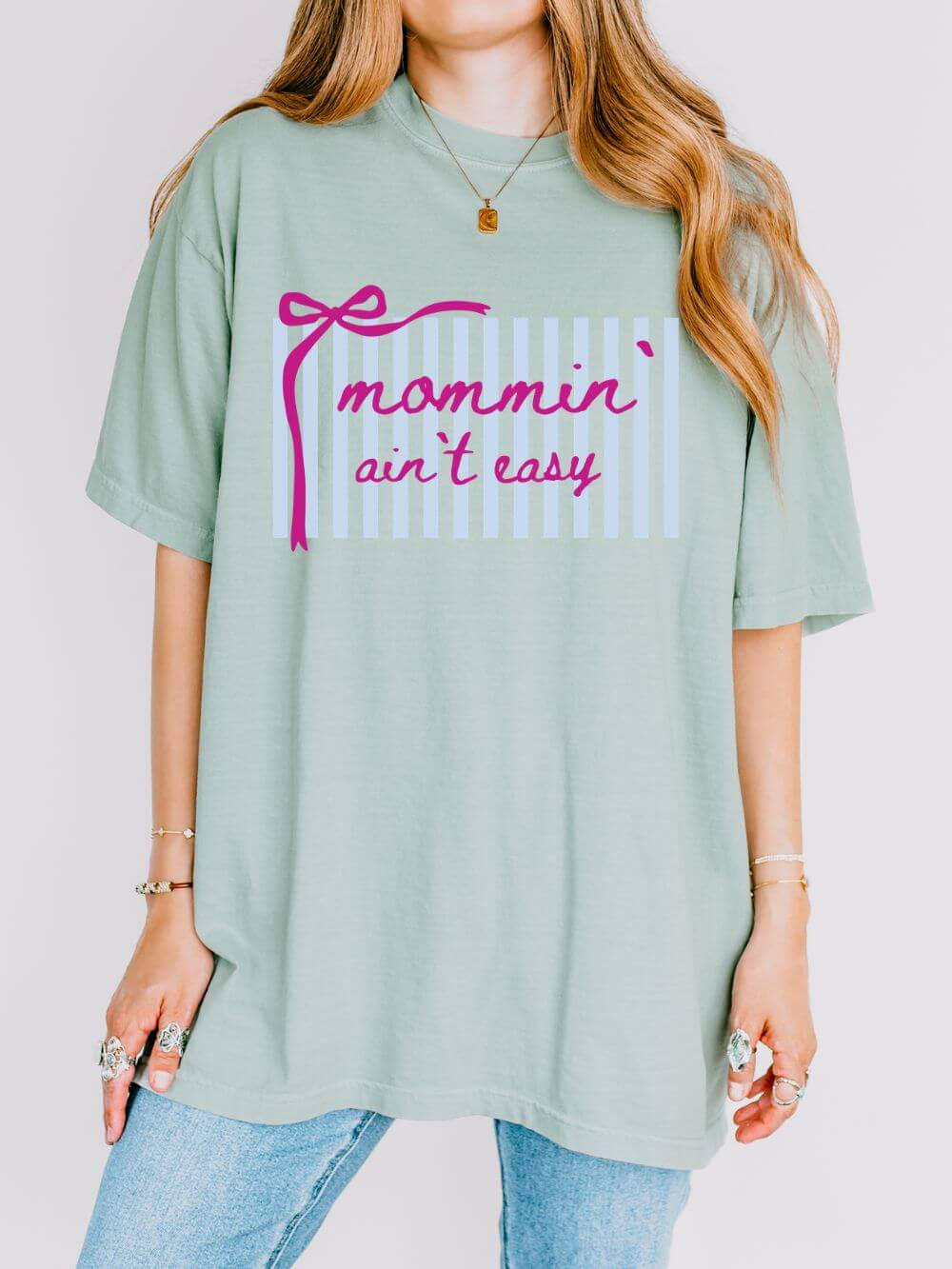Mommin' Ain't Easy Graphic T-Shirt Cute Striped Mom Life Tee