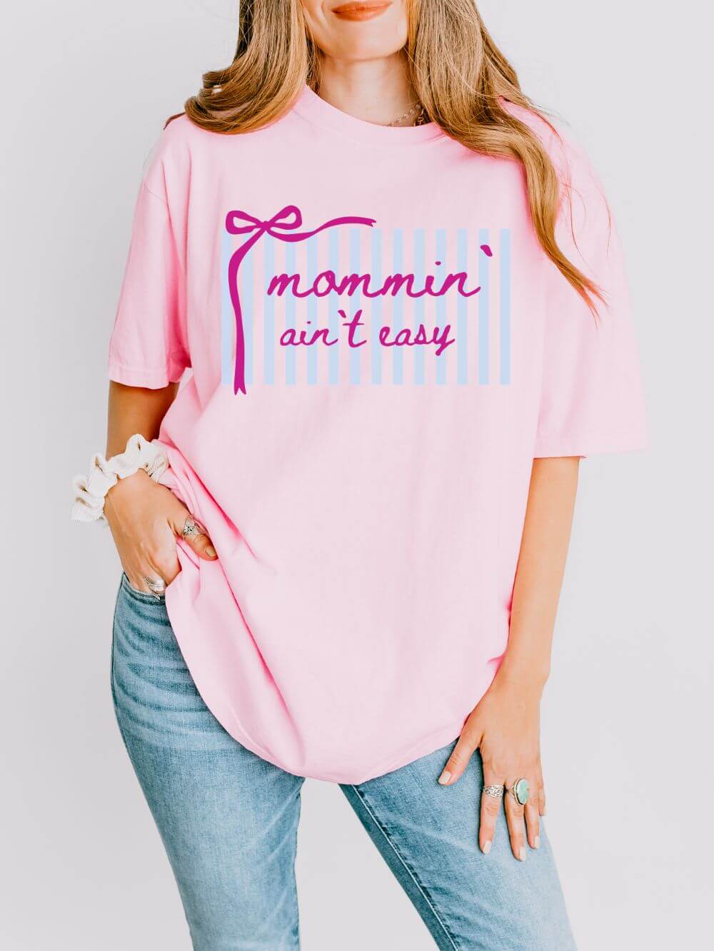Mommin' Ain't Easy Graphic T-Shirt Cute Striped Mom Life Tee