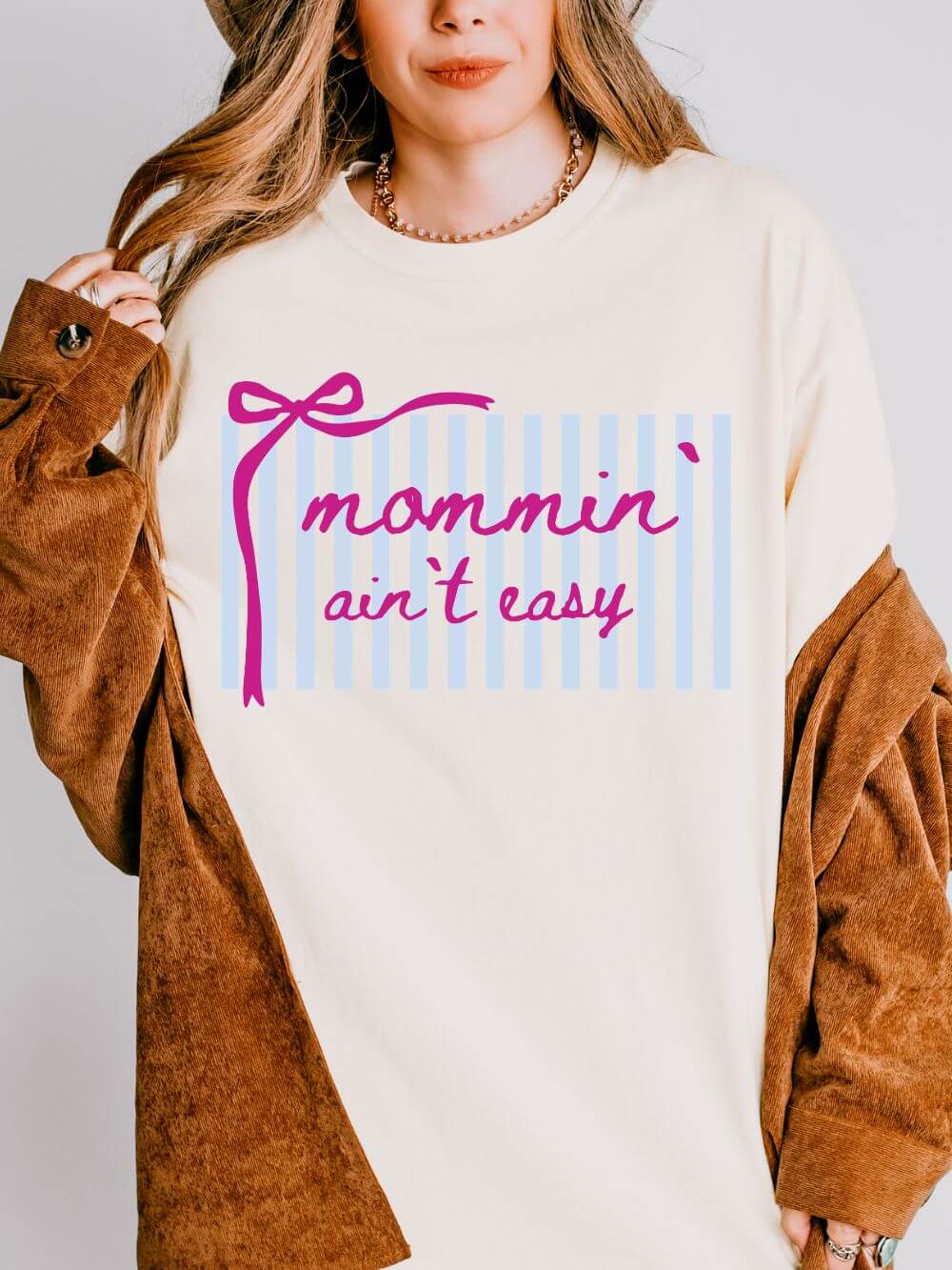 Mommin' Ain't Easy Graphic T-Shirt Cute Striped Mom Life Tee