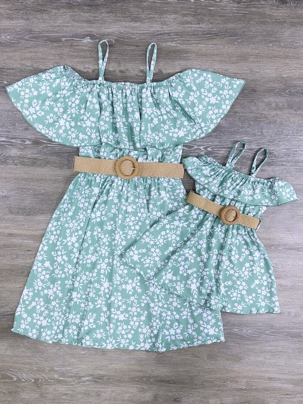 Mommy &amp; Me - Belted Green &amp; White Floral Dress - Sydney So Sweet