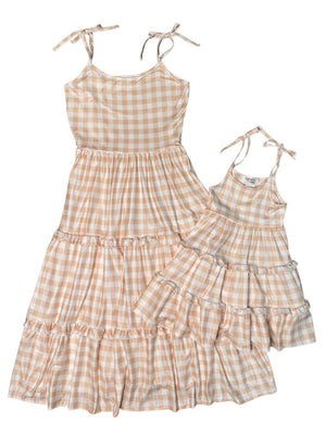 Mommy and Me - White & Taupe Gingham Ruffle Matching Dresses - Sydney So Sweet