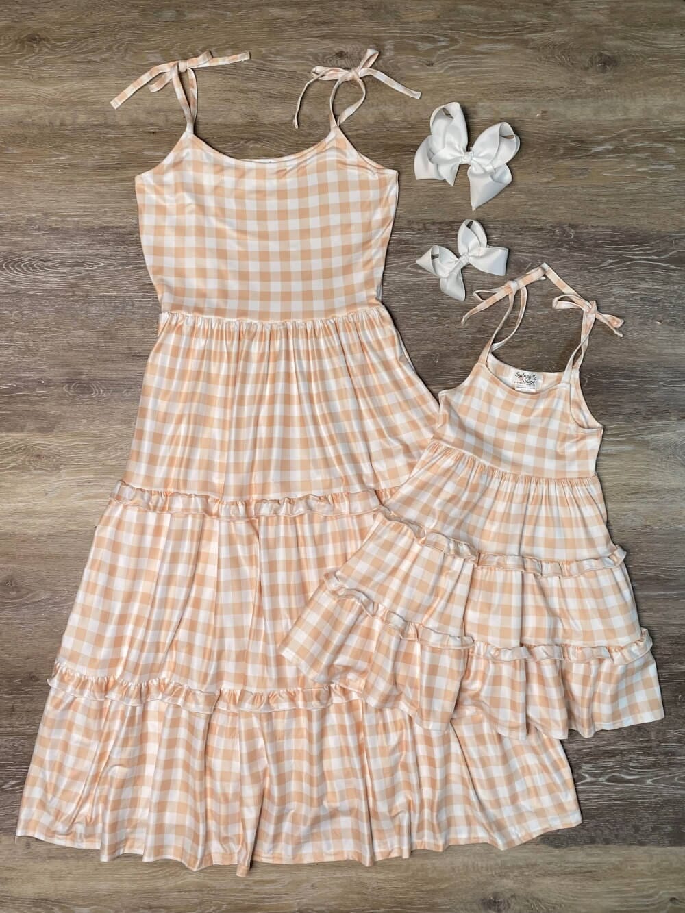 Mommy and Me - White & Taupe Gingham Ruffle Matching Dresses - Sydney So Sweet