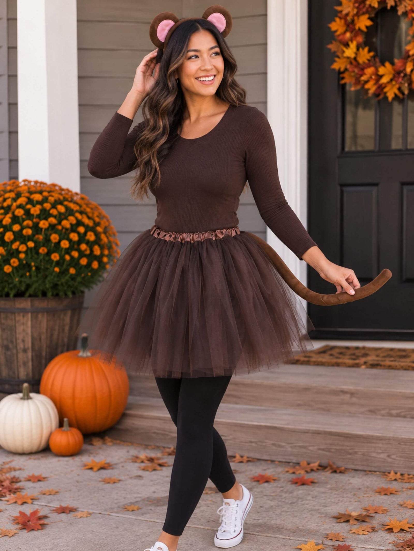Women's Brown Monkey Costume Set for Adults & Plus Size – Monkey Headband Ears, Brown Tutu Skirt & Tail – Halloween & Cosplay Outfit