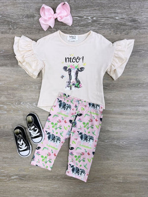 Moo Cow Pink Floral Girls Capri Outfit - Sydney So Sweet