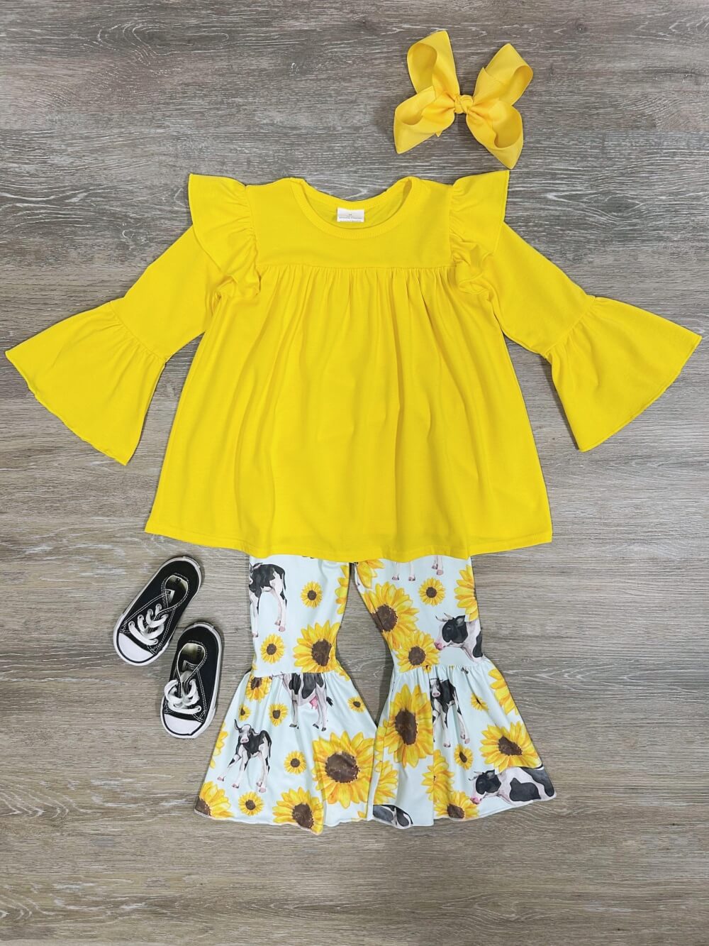 Moo & Bloom Girls Cow & Sunflower Bell Bottom Outfit - Sydney So Sweet