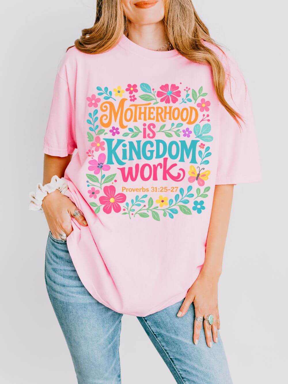 Motherhood is Kingdom Work Graphic T-Shirt Floral Proverbs Christian Mom Tee