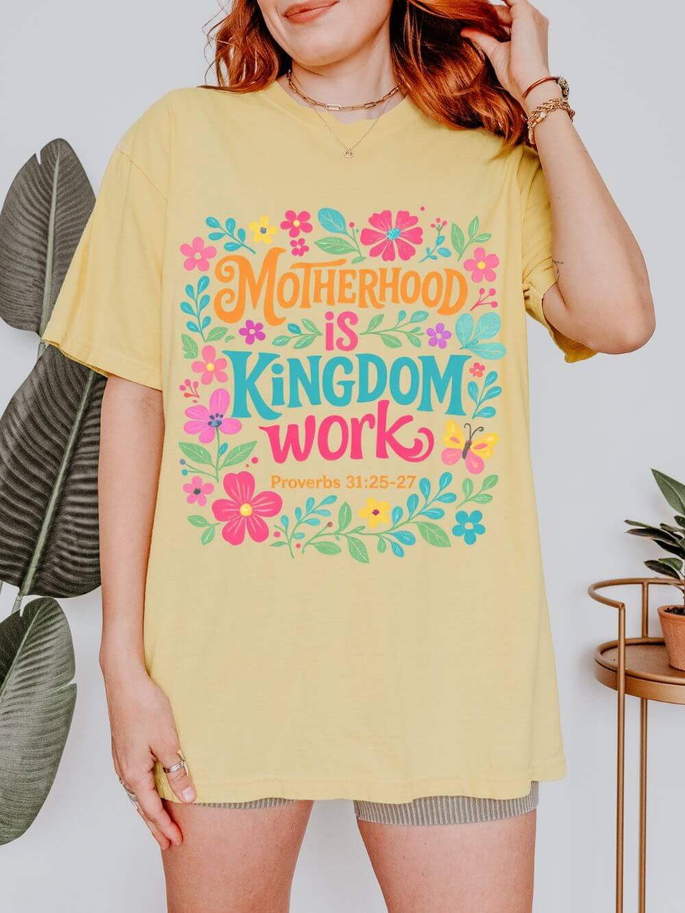 Motherhood is Kingdom Work Graphic T-Shirt Floral Proverbs Christian Mom Tee