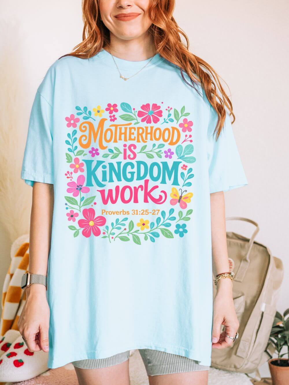 Motherhood is Kingdom Work Graphic T-Shirt Floral Proverbs Christian Mom Tee