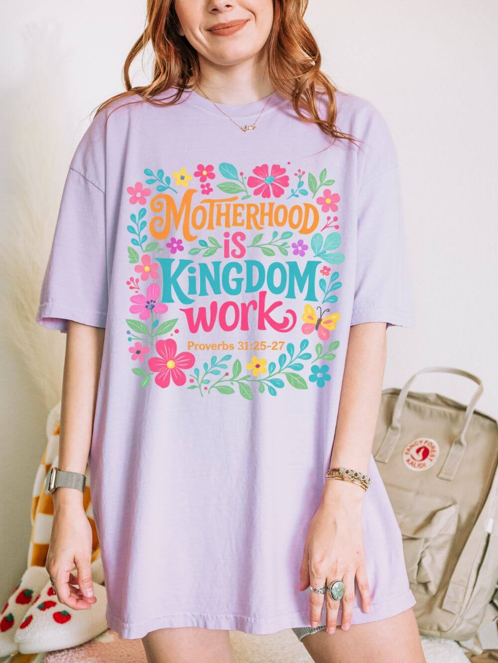 Motherhood is Kingdom Work Graphic T-Shirt Floral Proverbs Christian Mom Tee