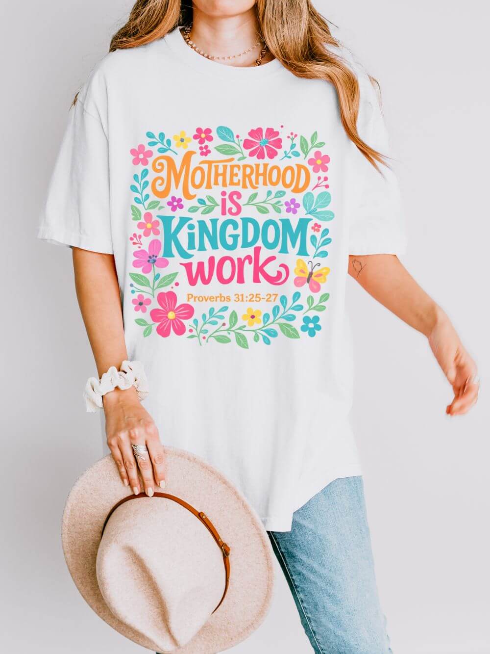 Motherhood is Kingdom Work Graphic T-Shirt Floral Proverbs Christian Mom Tee
