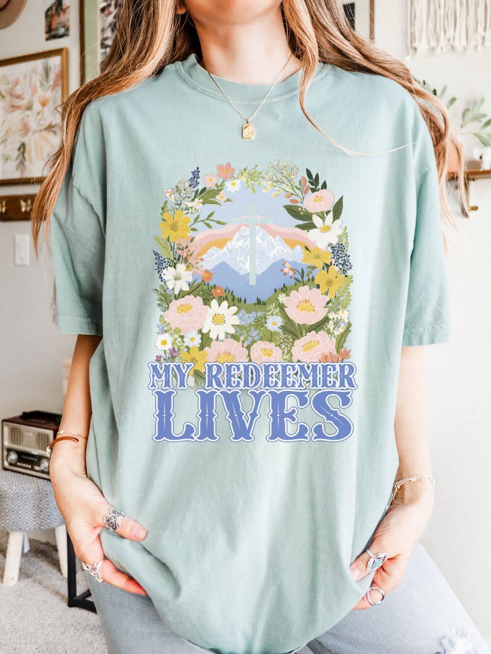 My Redeemer Lives Unisex Easter T-Shirt Floral Cross Christian Tee