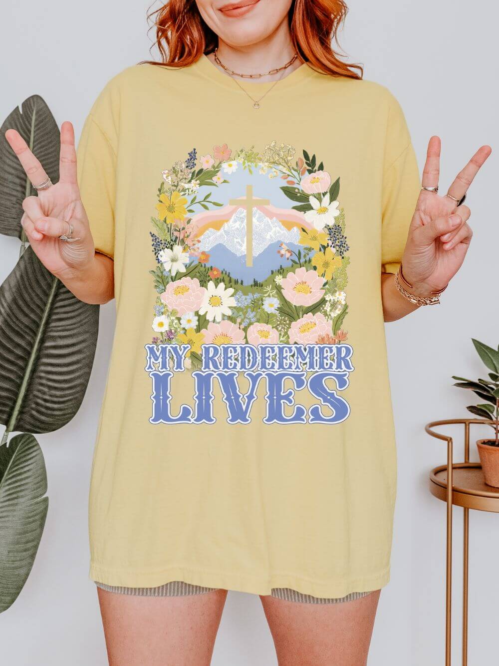 My Redeemer Lives Unisex Easter T-Shirt Floral Cross Christian Tee