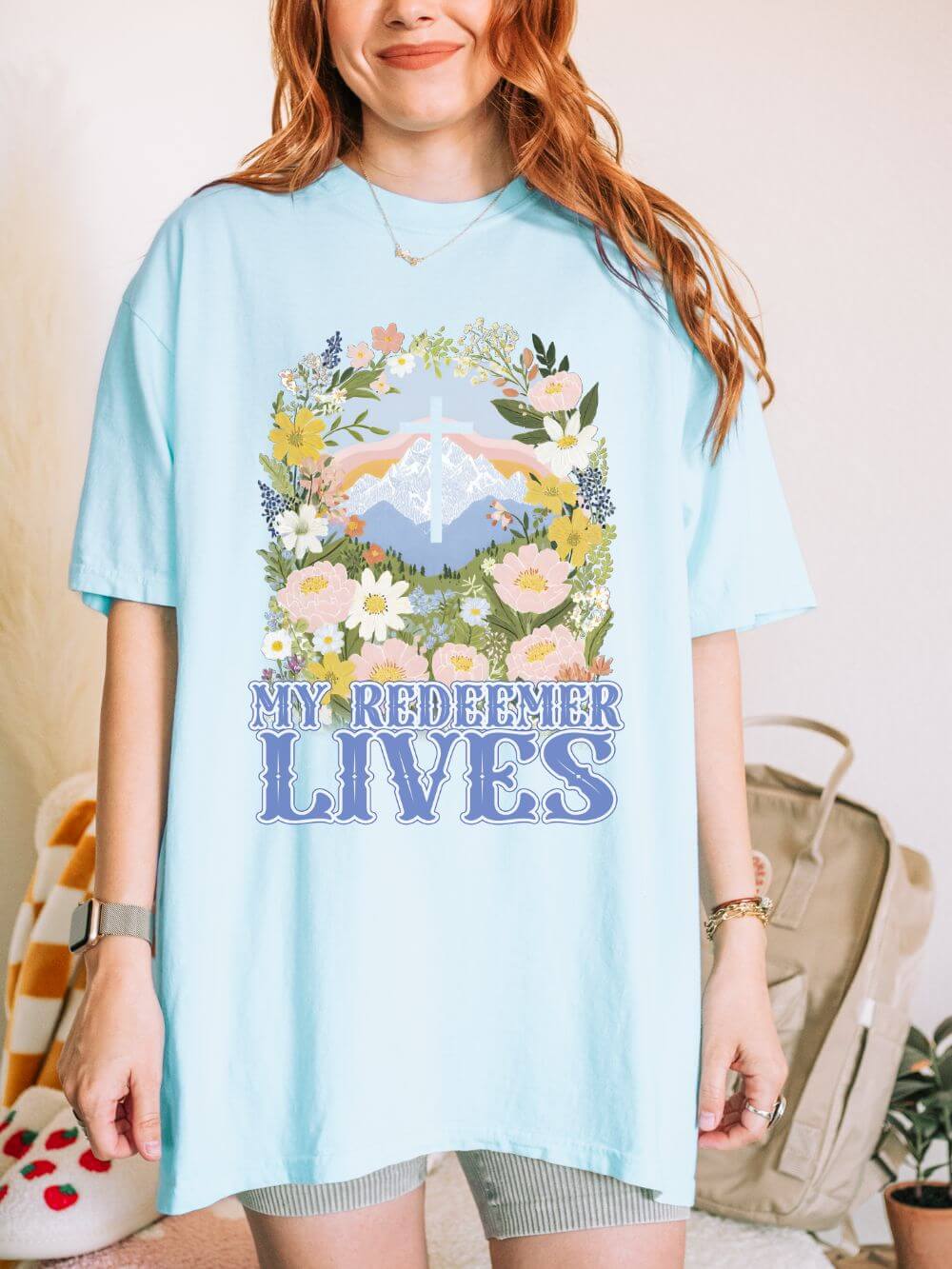 My Redeemer Lives Unisex Easter T-Shirt Floral Cross Christian Tee