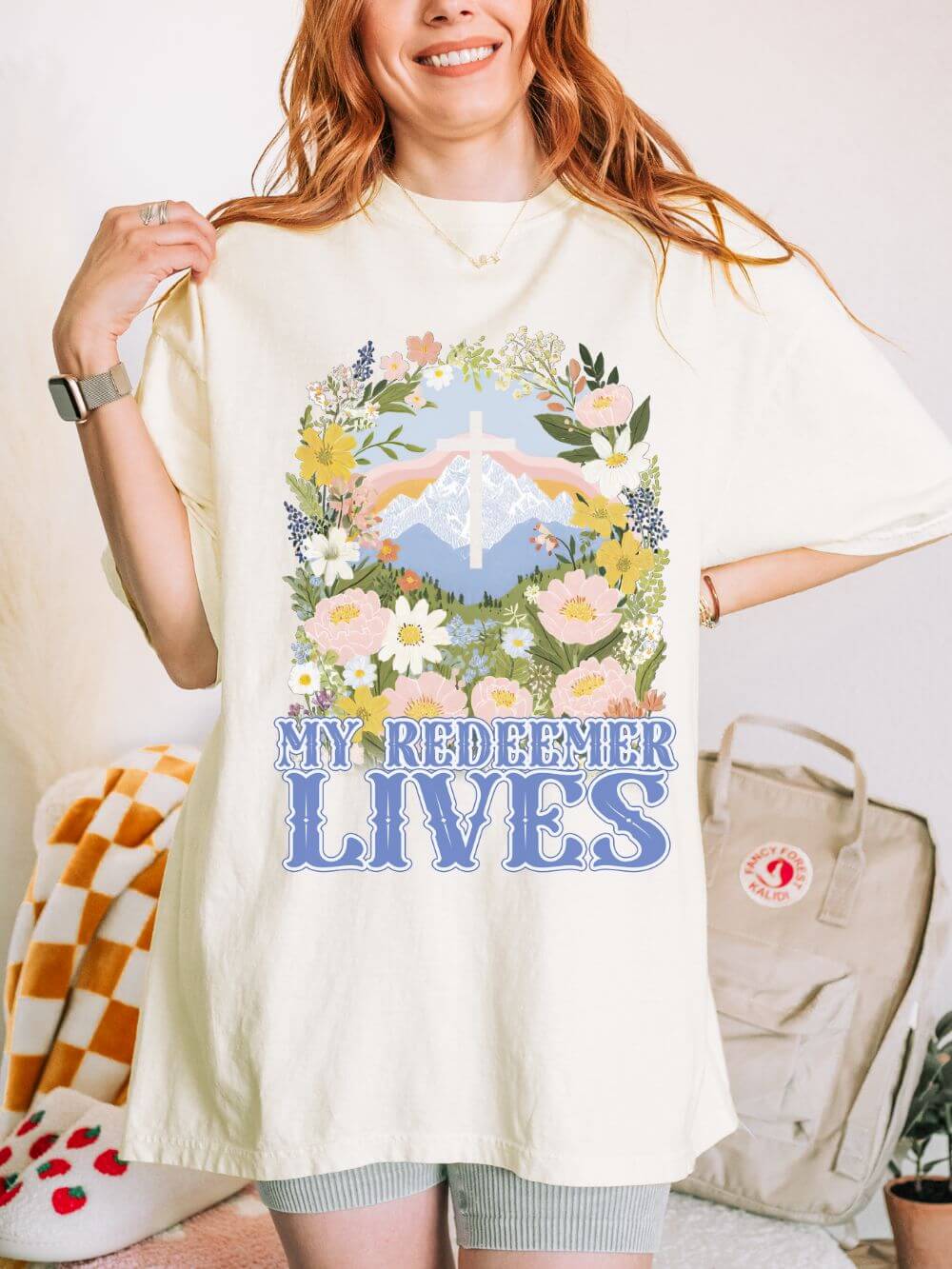 My Redeemer Lives Unisex Easter T-Shirt Floral Cross Christian Tee
