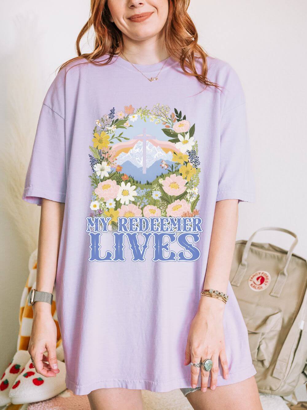 My Redeemer Lives Unisex Easter T-Shirt Floral Cross Christian Tee