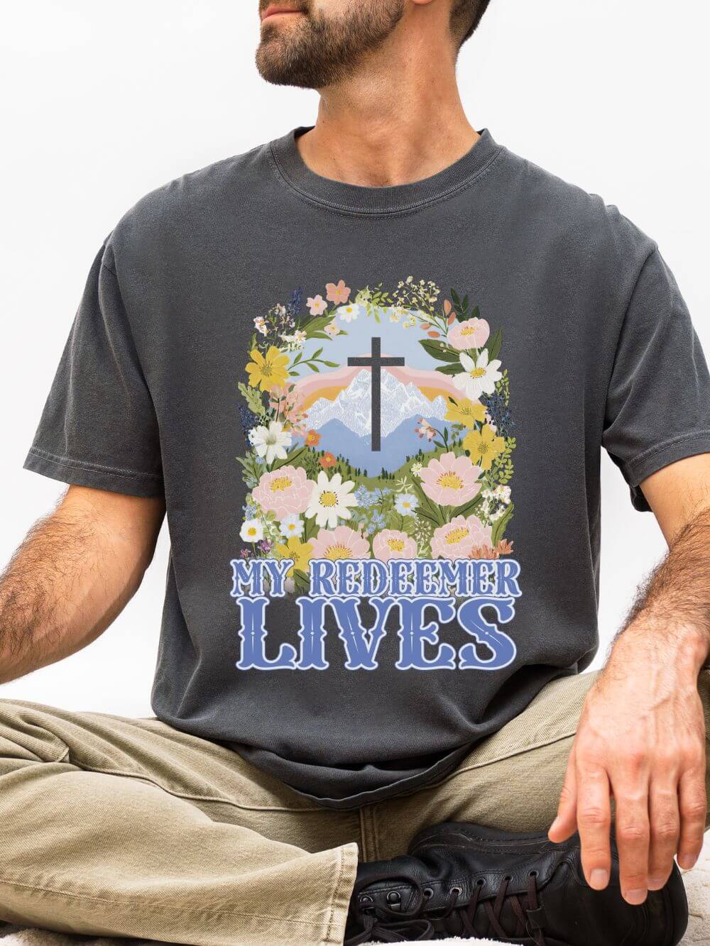 My Redeemer Lives Unisex Easter T-Shirt Floral Cross Christian Tee