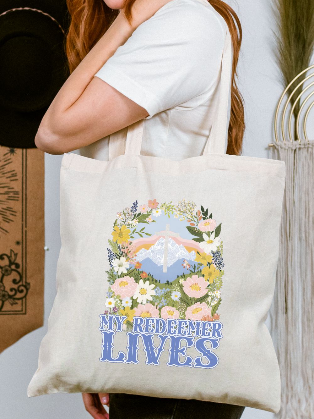My Redeemer Lives Floral Cross Christian Cotton Canvas Tote Bag
