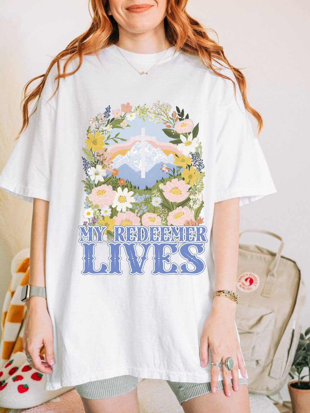 My Redeemer Lives Unisex Easter T-Shirt Floral Cross Christian Tee